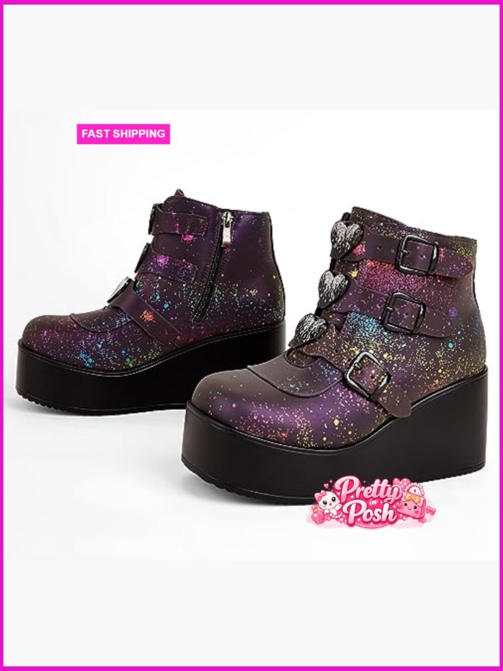 Platform Chunky Ankle Boots Round Toe Zipper Wedges High Heels Rave Buckle - Picture 5 of 7